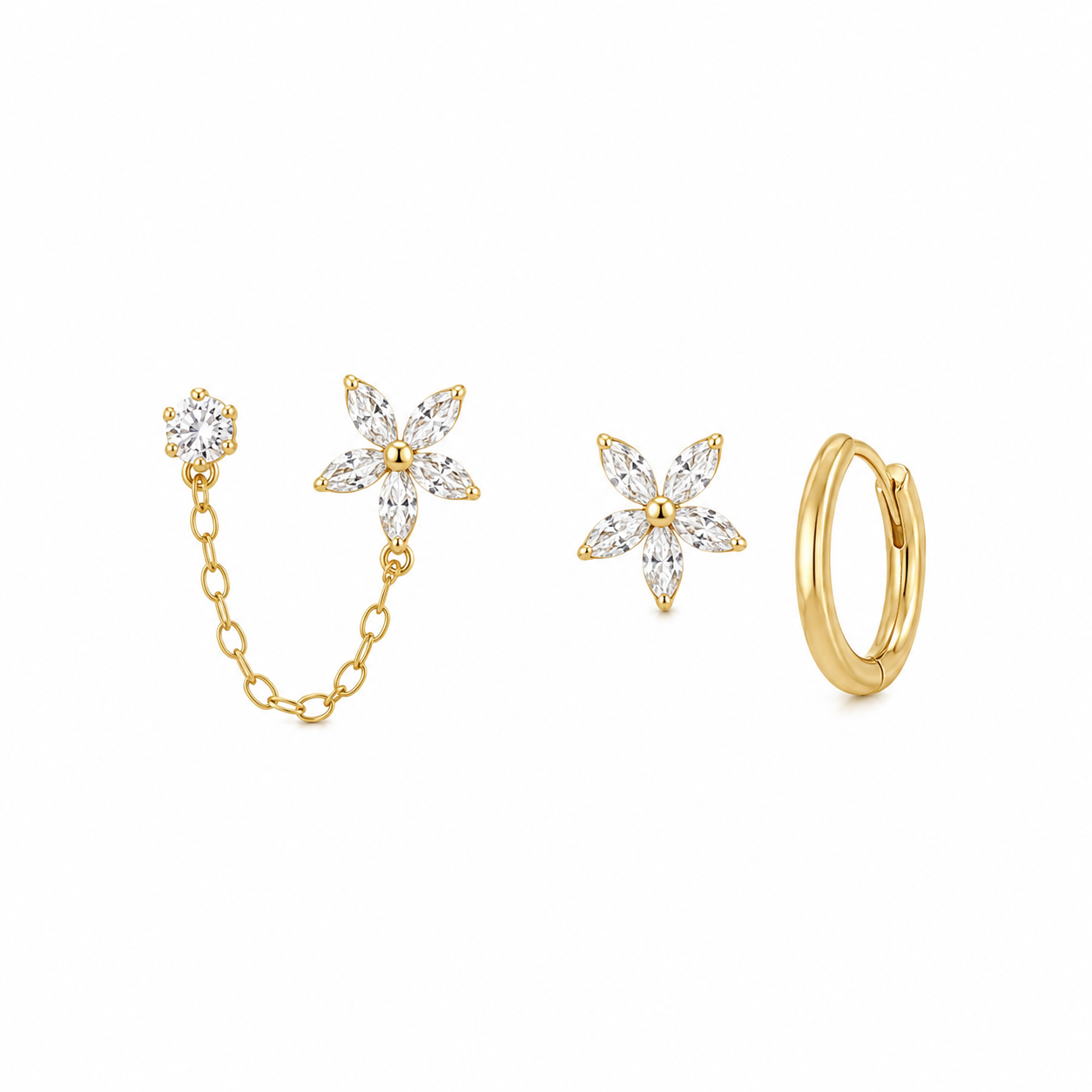 Set 3 Boucles d’Oreilles Fleur & Chaîne – Piercing Cartilage & Lobe, Acier Inoxydable