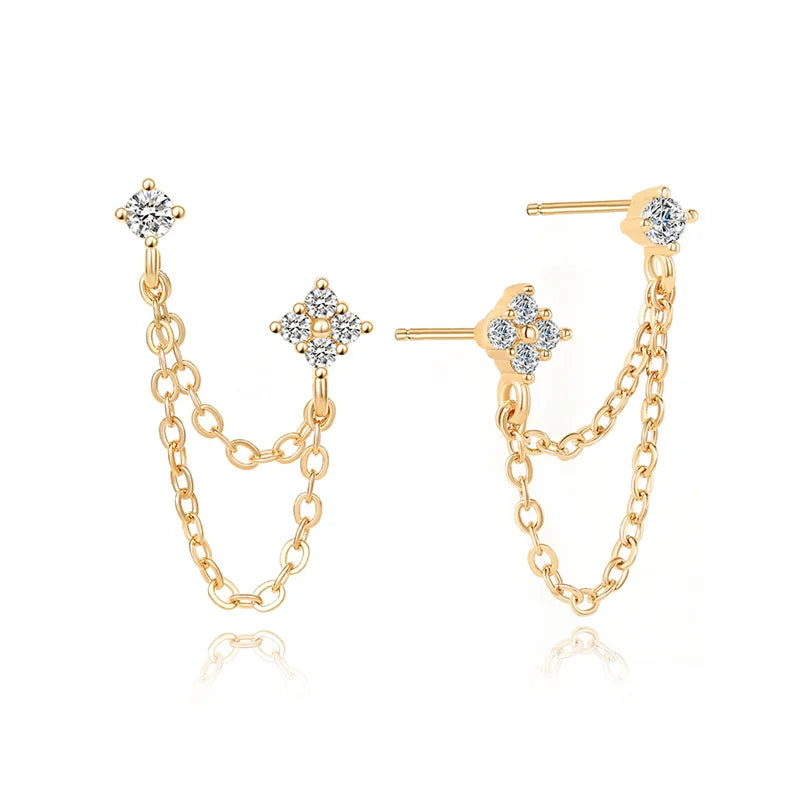 Boucles d’Oreilles Double Clou Zircon Chaîne Suspendue Femme – Acier Inoxydable