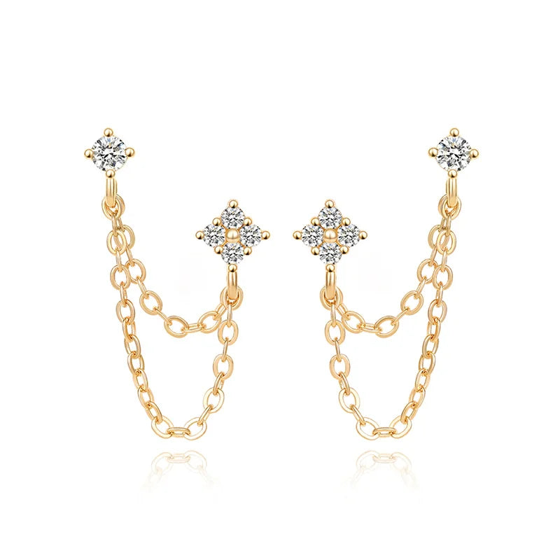 Boucles d’Oreilles Double Clou Zircon Chaîne Suspendue Femme – Acier Inoxydable