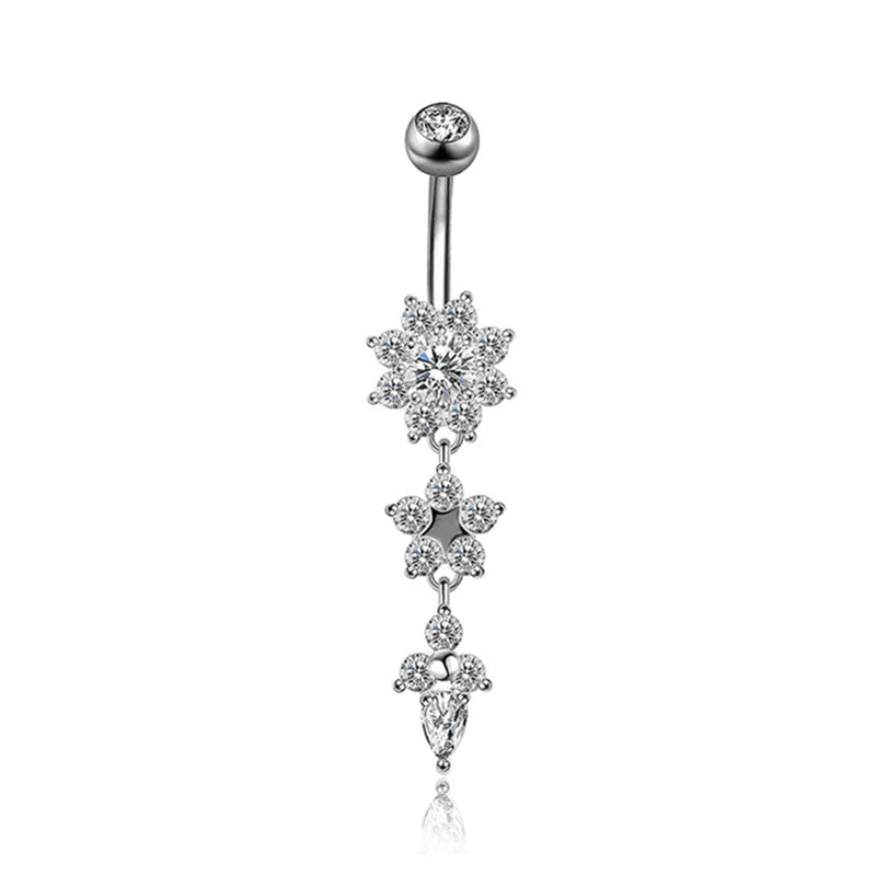 Piercing Nombril Fleurs Cristal – Anneau Long à Pampilles (Vrai Piercing)