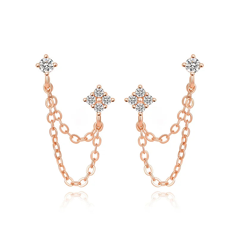 Boucles d’Oreilles Double Clou Zircon Chaîne Suspendue Femme – Acier Inoxydable