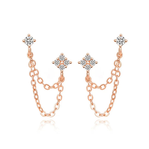 Boucles d’Oreilles Double Clou Zircon Chaîne Suspendue Femme – Acier Inoxydable